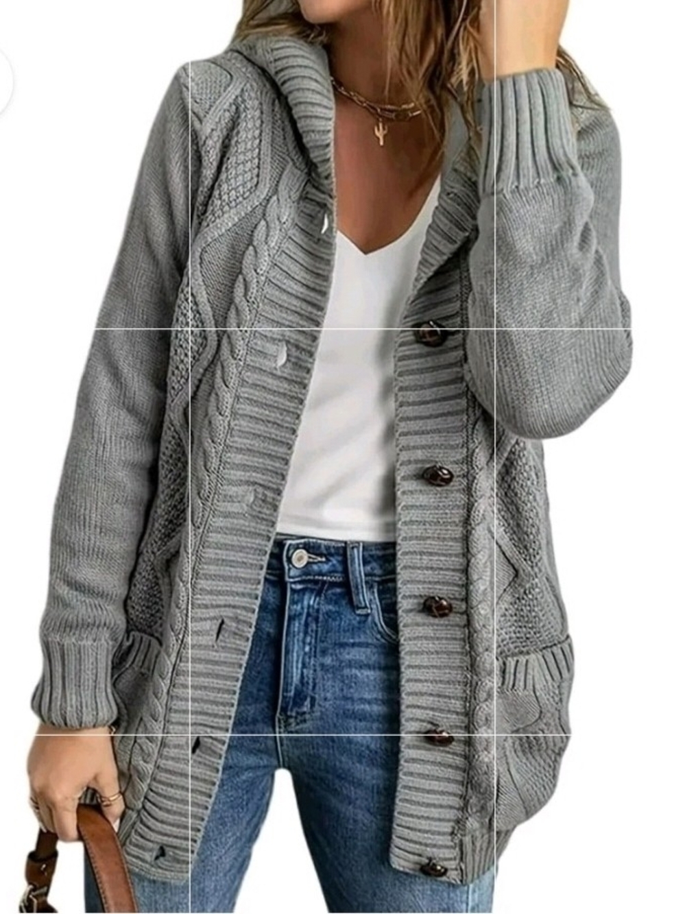Light Gray Cable Knit Long Cardigan, Size XL